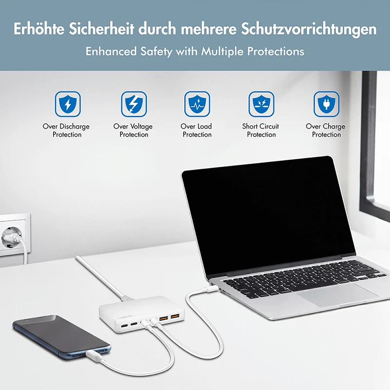 LogiLink PA0418 stolná nabíjačka USB-A/C, 100 W, GaN, 6 portov, 2x USB-A (QC), 4x USB-C (PD), biela