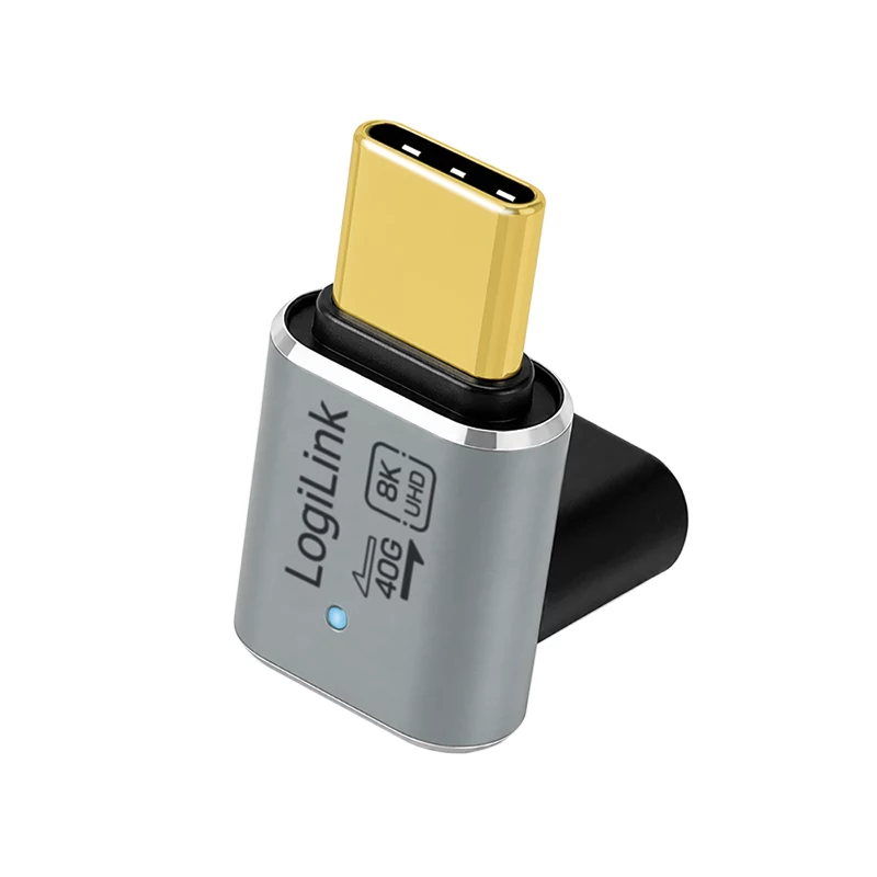 LogiLink AU0063 USB 4 Type-C adaptér 90° U/D, C/M na C/F, 40 Gbps, 240W, 8K/60 Hz, kovový, strieborný