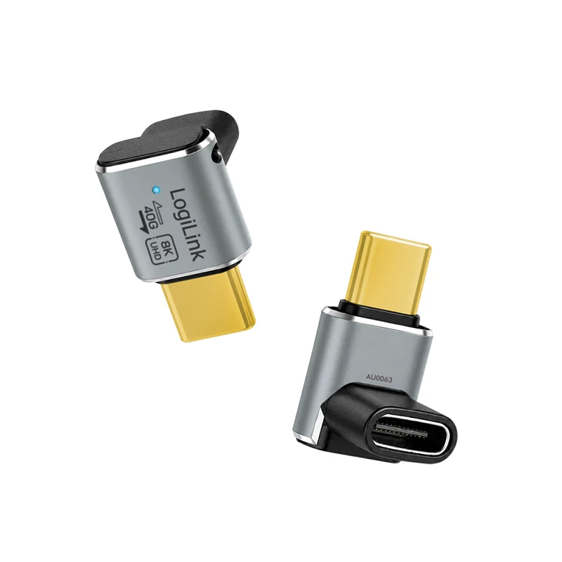 LogiLink AU0063 USB 4 Type-C adaptér 90° U/D, C/M na C/F, 40 Gbps, 240W, 8K/60 Hz, kovový, strieborný