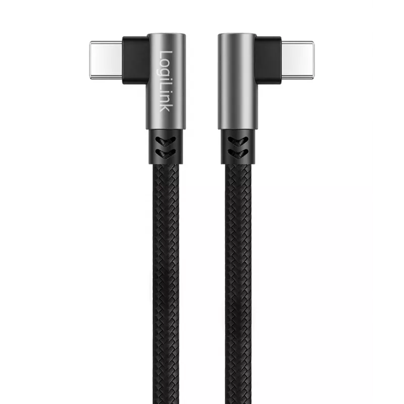 Kábel LogiLink CU0461 USB 2.0 Type-C, C/M 90° na C/M 90°, 480 Mbps, 100 W, kovový, strieborno-čierny, 1 m
