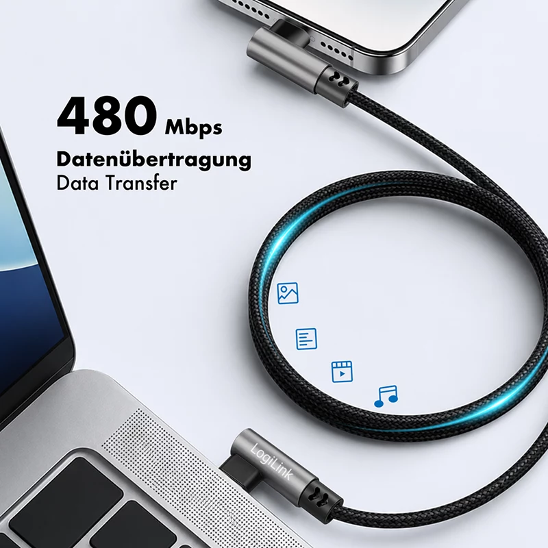 Kábel LogiLink CU0461 USB 2.0 Type-C, C/M 90° na C/M 90°, 480 Mbps, 100 W, kovový, strieborno-čierny, 1 m