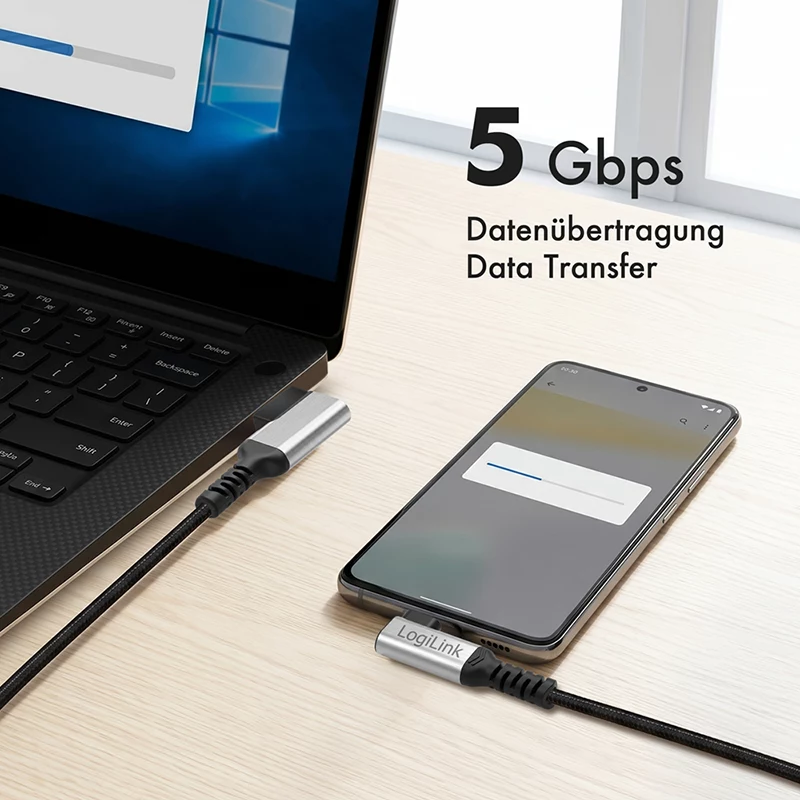 Kábel LogiLink CU0471 USB 3.2 Gen1 Type-C, A/M 90° na C/M 90°, 5 Gbps, 60W, kovový, strieborno-čierny, 1 m