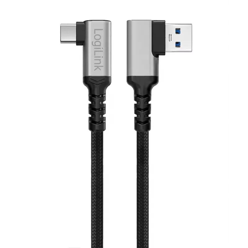 Kábel LogiLink CU0473 USB 3.2 Gen1 Type-C, A/M 90° na C/M 90°, 5 Gbps, 60W, kovový, strieborno-čierny, 2 m