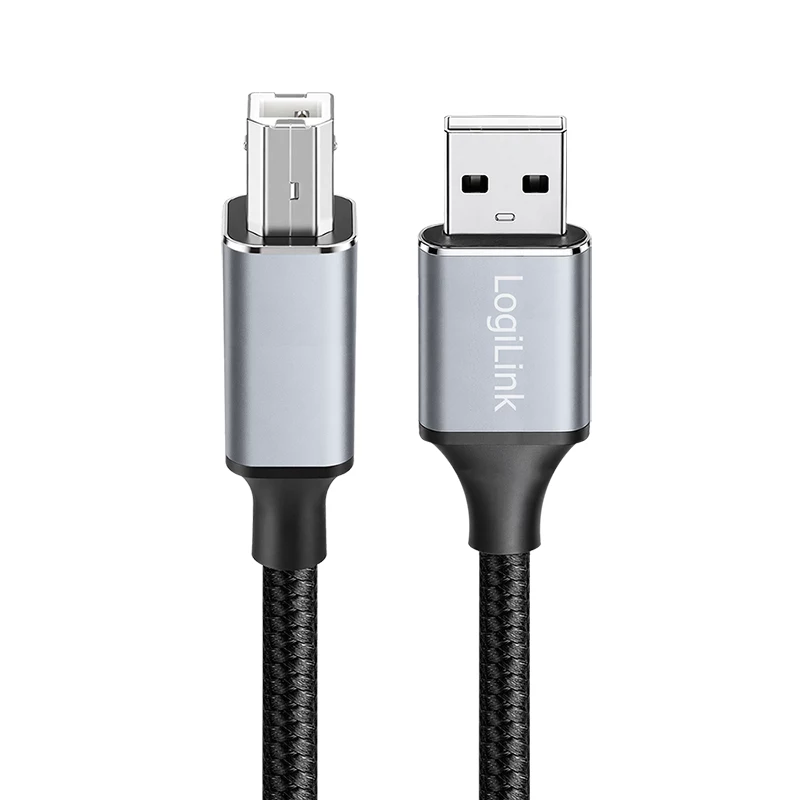 Kábel Logilink CU0108 USB 2.0, USB-A/M na USB-B/M, 480 Mbps, nylon, kov, čierny/strieborný, 3 m
