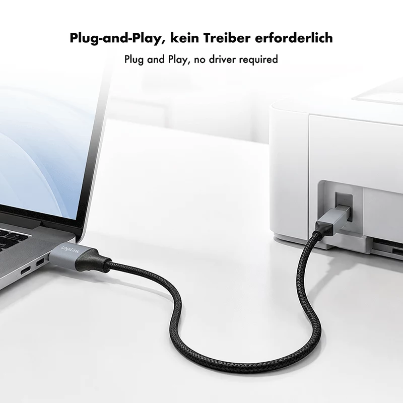 Kábel Logilink CU0108 USB 2.0, USB-A/M na USB-B/M, 480 Mbps, nylon, kov, čierny/strieborný, 3 m