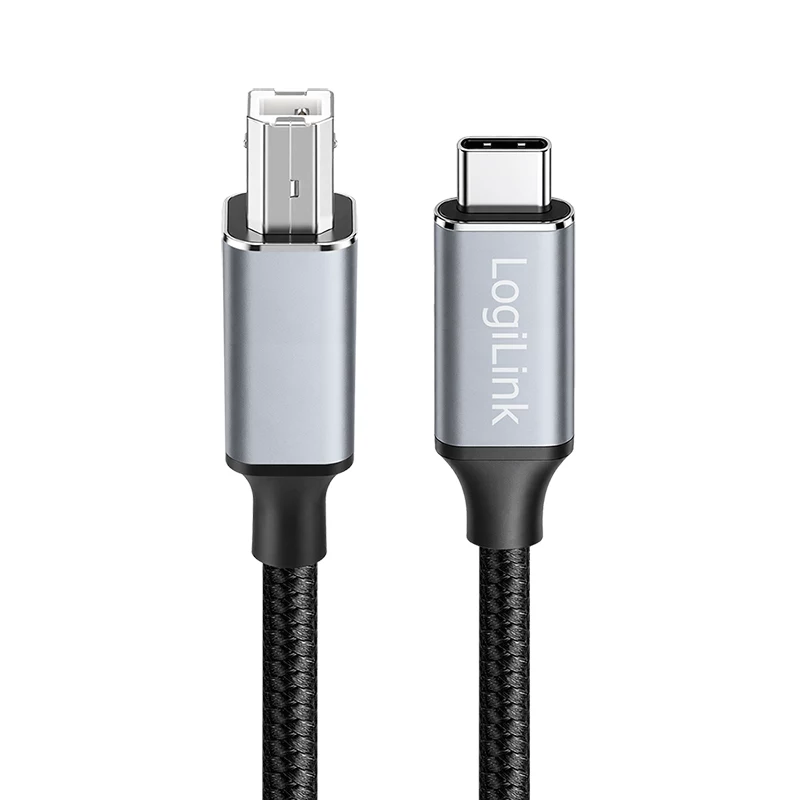 Kábel Logilink CU0516 USB 2.0 Type-C, C/M na B/M, 480 Mbps, nylon, kov, čierny/strieborný, 3 m