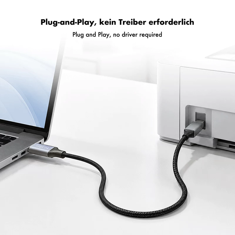 Kábel Logilink CU0516 USB 2.0 Type-C, C/M na B/M, 480 Mbps, nylon, kov, čierny/strieborný, 3 m