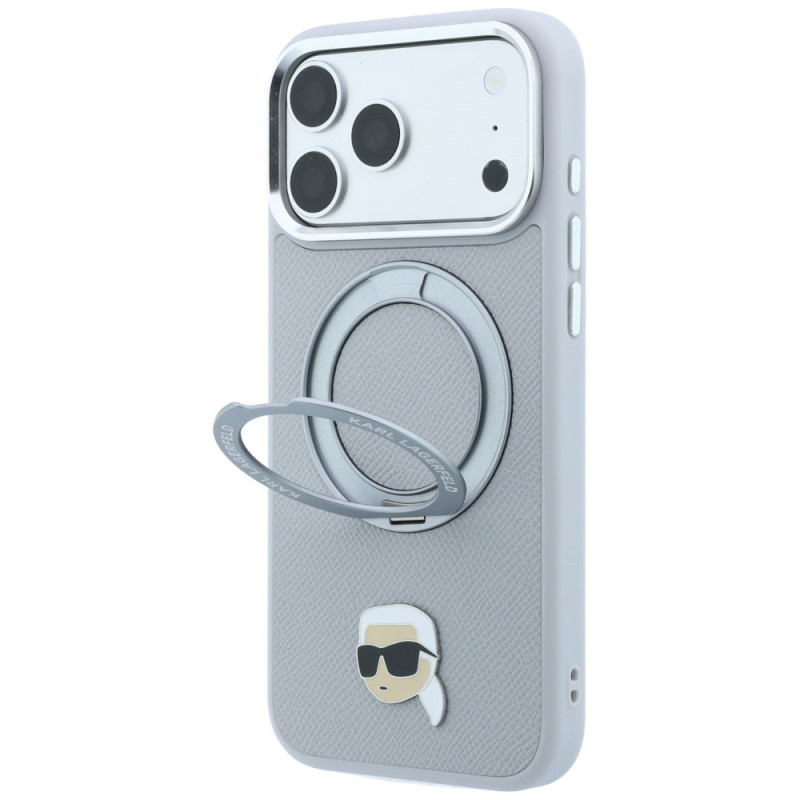 Puzdro Karl Lagerfeld with Ring Stand 360 Karl Head Pin MagSafe pre Apple iPhone 18 Pro Max / 17 Pro Max, sivé (KF003236)