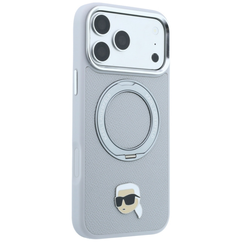 Puzdro Karl Lagerfeld with Ring Stand 360 Karl Head Pin MagSafe pre Apple iPhone 18 Pro Max / 17 Pro Max, sivé (KF003236)