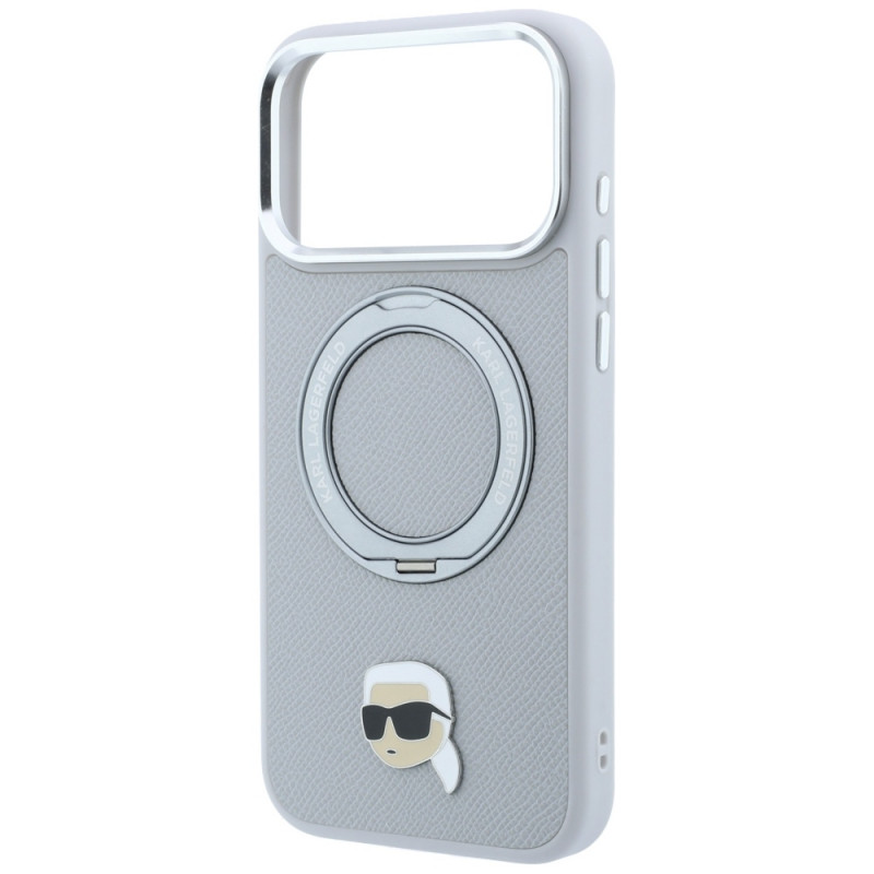 Puzdro Karl Lagerfeld with Ring Stand 360 Karl Head Pin MagSafe pre Apple iPhone 18 Pro Max / 17 Pro Max, sivé (KF003236)