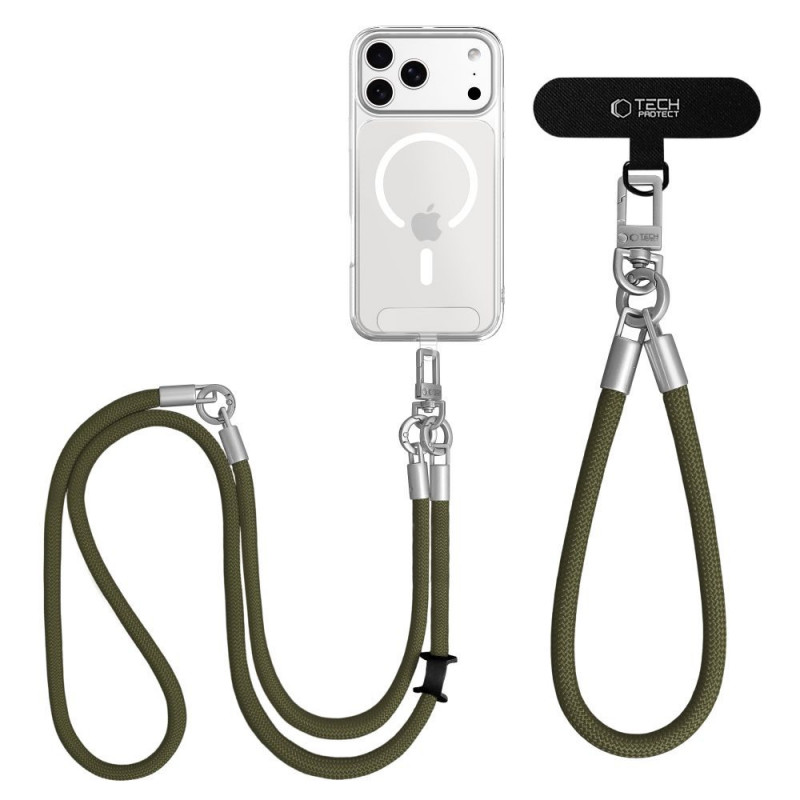 Tech-Protect C10S Rope Crossbody & Wrist sada remienkov na telefón, olivovozelená/titánová