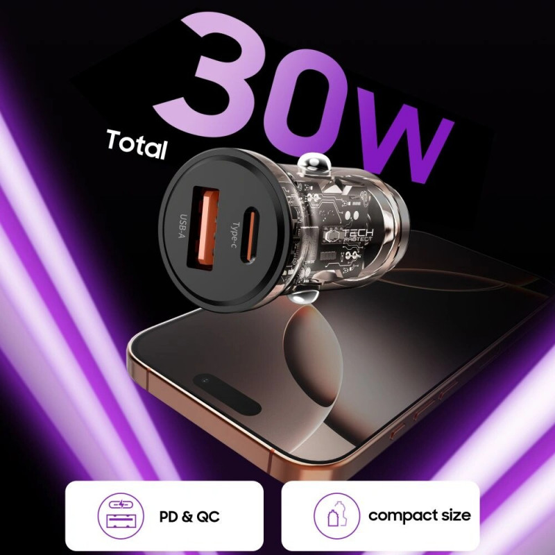 Tech-Protect CC01 2-portová nabíjačka do auta USB-A / USB-C, PD 30W / QC 3.0, čierna