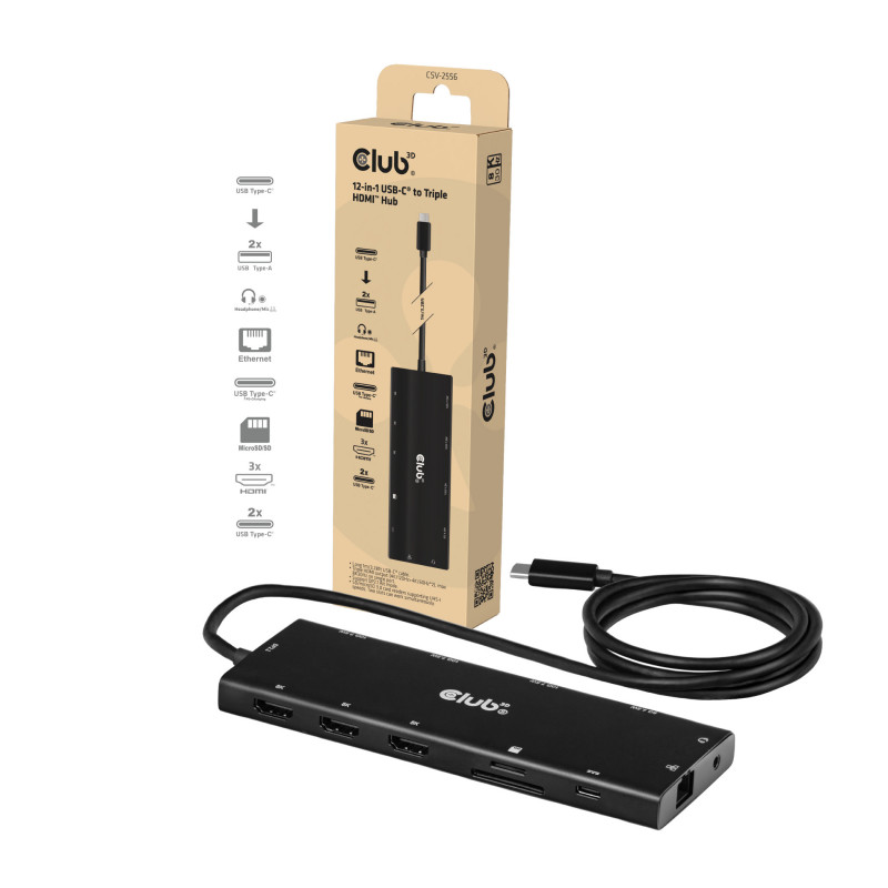 Club 3D CSV-2556 USB-C 12-v-1 rozbočovač, 3x HDMI/3x USB-C/USB/LAN, 8K30Hz, PD 140W