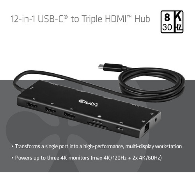 Club 3D CSV-2556 USB-C 12-v-1 rozbočovač, 3x HDMI/3x USB-C/USB/LAN, 8K30Hz, PD 140W