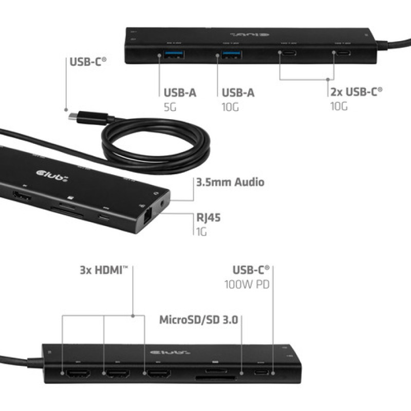 Club 3D CSV-2556 USB-C 12-v-1 rozbočovač, 3x HDMI/3x USB-C/USB/LAN, 8K30Hz, PD 140W