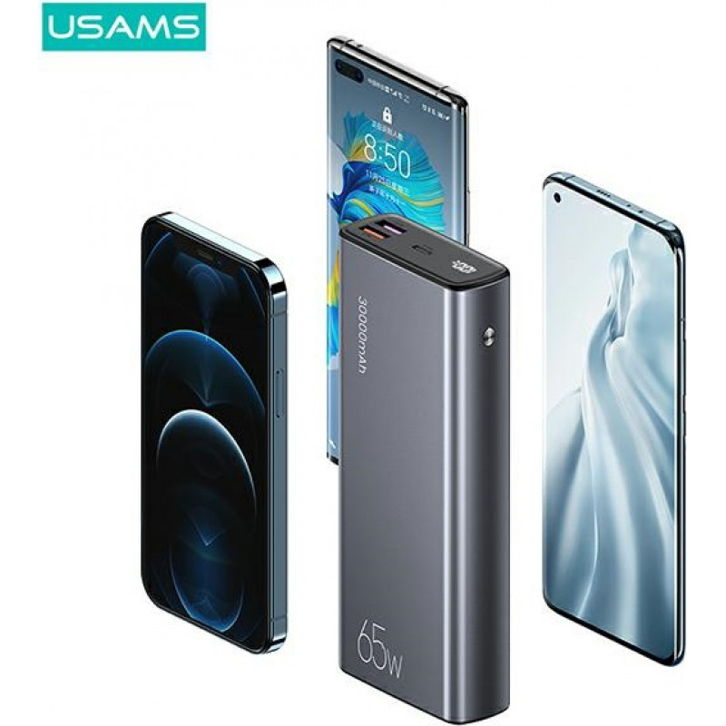 USAMS PB59 US-CD165 power banka 30000 mAh, 65 W, 2x QC3.0 + PD, čierna, s káblom USB-C na USB-C