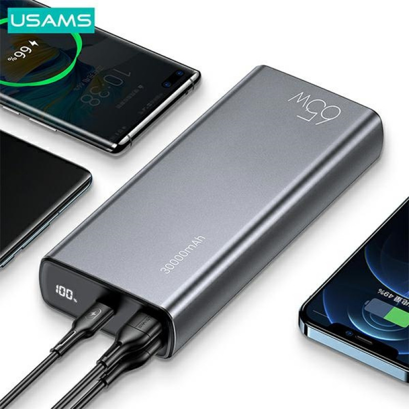 USAMS PB59 US-CD165 power banka 30000 mAh, 65 W, 2x QC3.0 + PD, čierna, s káblom USB-C na USB-C