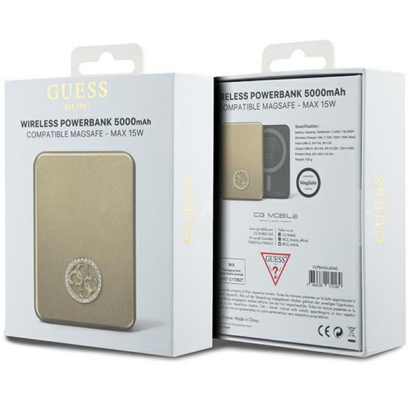 Guess GUPBM5AL4DMD 4G Strassed Metal Logo MagSafe indukčná powerbanka 5000 mAh, 15W, zlatá