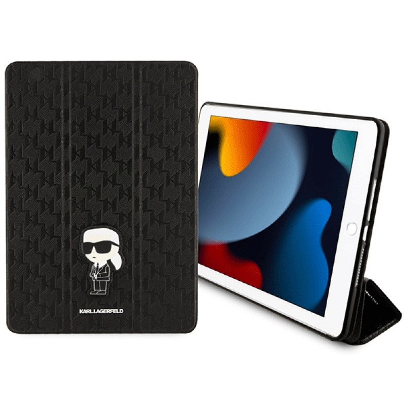 Karl Lagerfeld KLFC10SAKHPKK Saffiano Monogram Ikonik puzdro typu bookcase pre Apple iPad 10.2 (7., 8. a 9. generácia), čierne