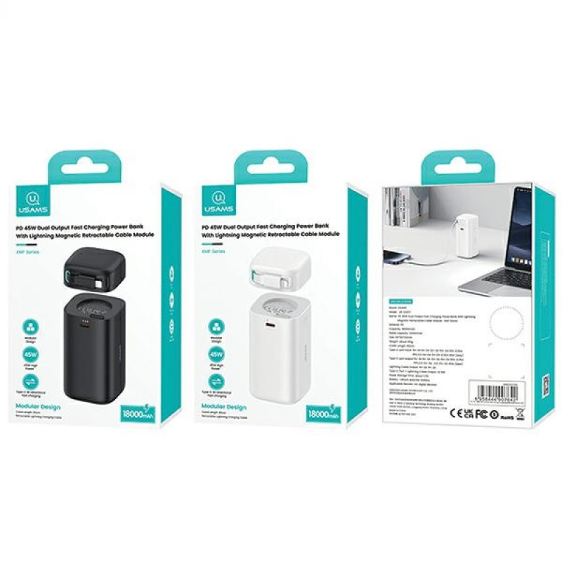 USAMS US-CD217 XMF Series powerbanka 18000 mAh, PD 45W rýchle nabíjanie, s káblom Lightning, biela