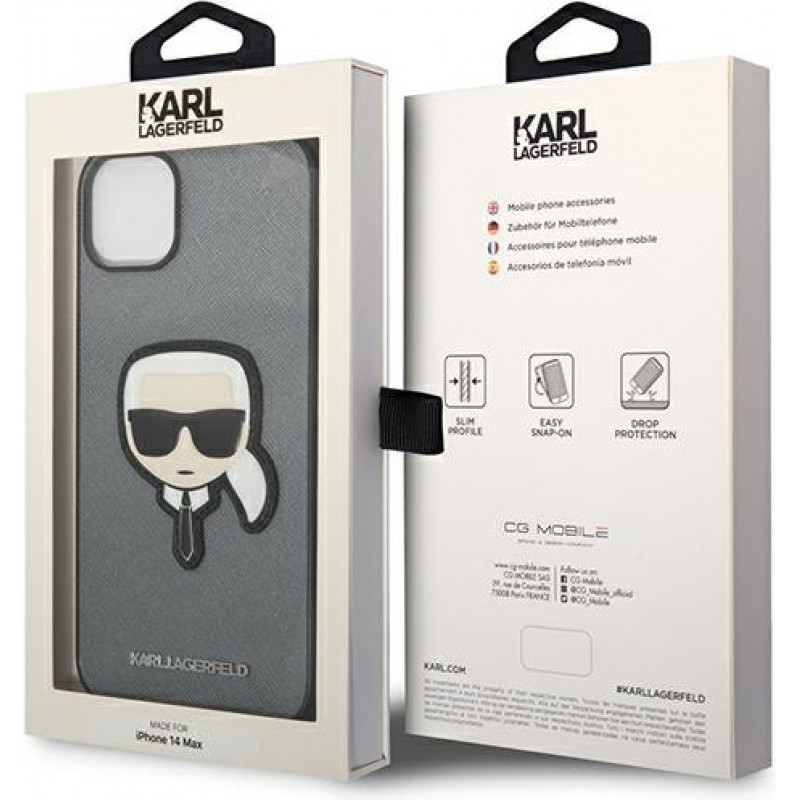 Karl Lagerfeld KLHCP14SSAPKHG Puzdro Hardcase pre Apple iPhone 14, Saffiano Karl's Head Patch, strieborné