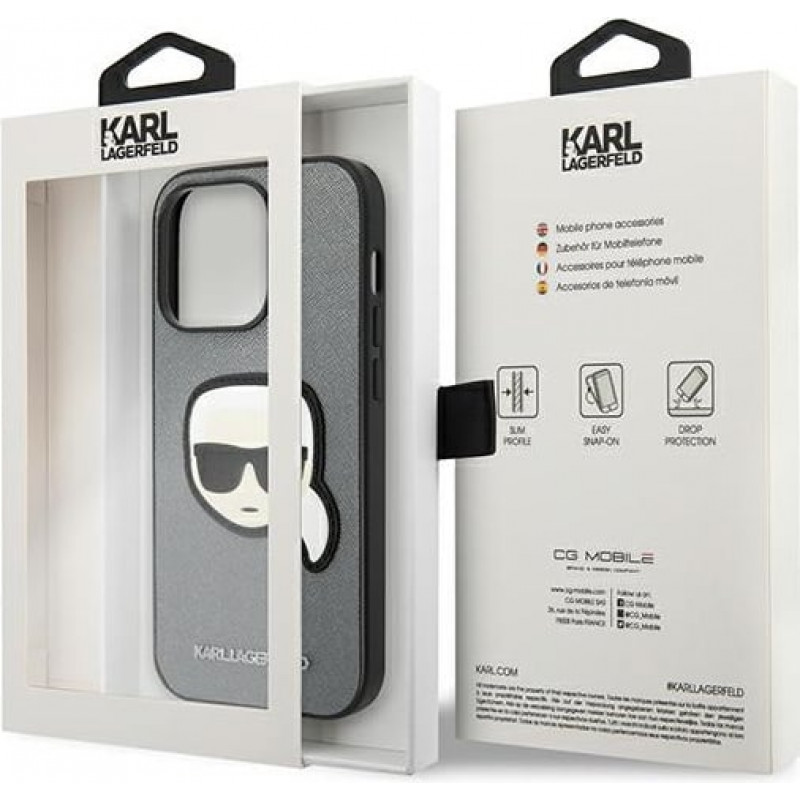 Karl Lagerfeld KLHCP14XSAPKHG Pevné puzdro pre Apple iPhone 14 Pro Max, Saffiano Karl's Head Patch, strieborné