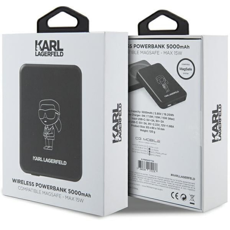 Karl Lagerfeld KLPBM5KIOTTGK indukčná power banka 5000 mAh 15W, Outline Ikonik, MagSafe, čierna