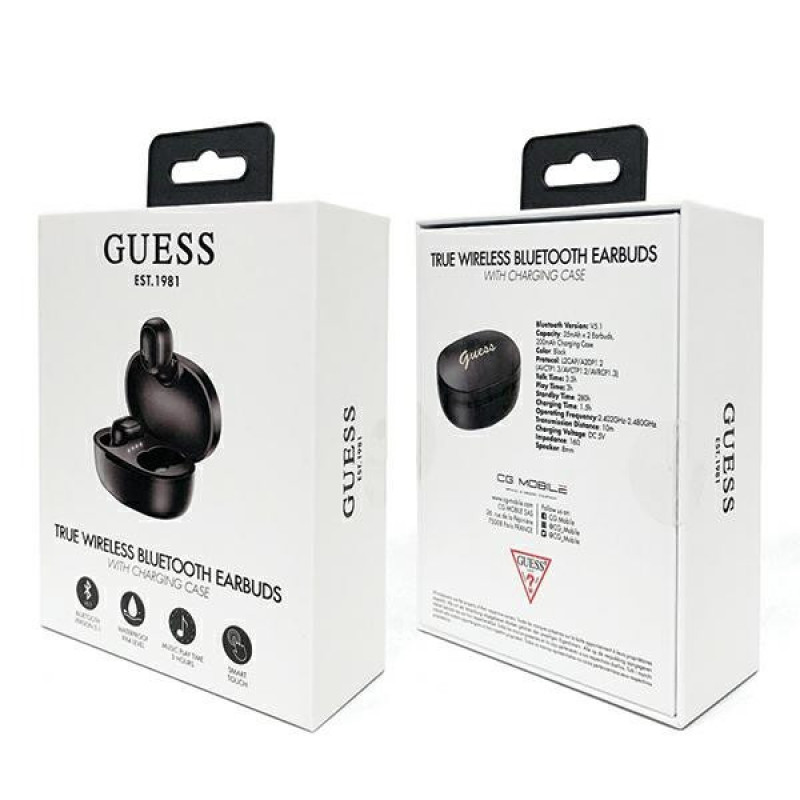 Guess GUTWST30BK bezdrôtové TWS slúchadlá do uší s dokovacou stanicou, Bluetooth 5.0, čierne