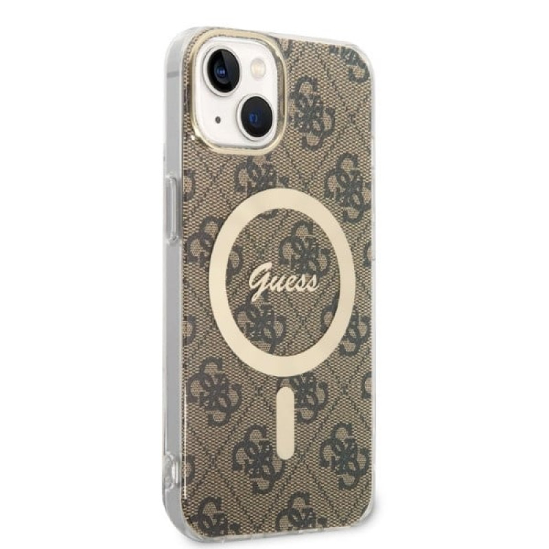 Guess GUBPP14SH4EACSW Pevné puzdro pre Apple iPhone 14 + bezdrôtová nabíjačka, 4G Print, MagSafe, hnedá