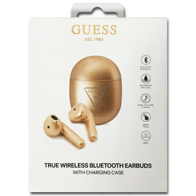 Guess GUTWST82TRD Bezdrôtové TWS slúchadlá do uší s dokovacou stanicou, Triangle Logo, Bluetooth 5.0, zlaté