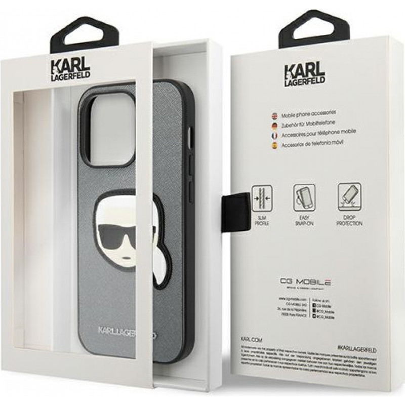 Karl Lagerfeld KLHCP14LSAPKHG Puzdro hardcase pre Apple iPhone 14 Pro, Saffiano Karl's Head Patch, strieborné