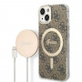 Guess GUBPP14MH4EACSW Puzdro + bezdrôtová nabíjačka Apple iPhone 14 Plus / iPhone 15 Plus hnedý hardcase, 4G Print, MagSafe