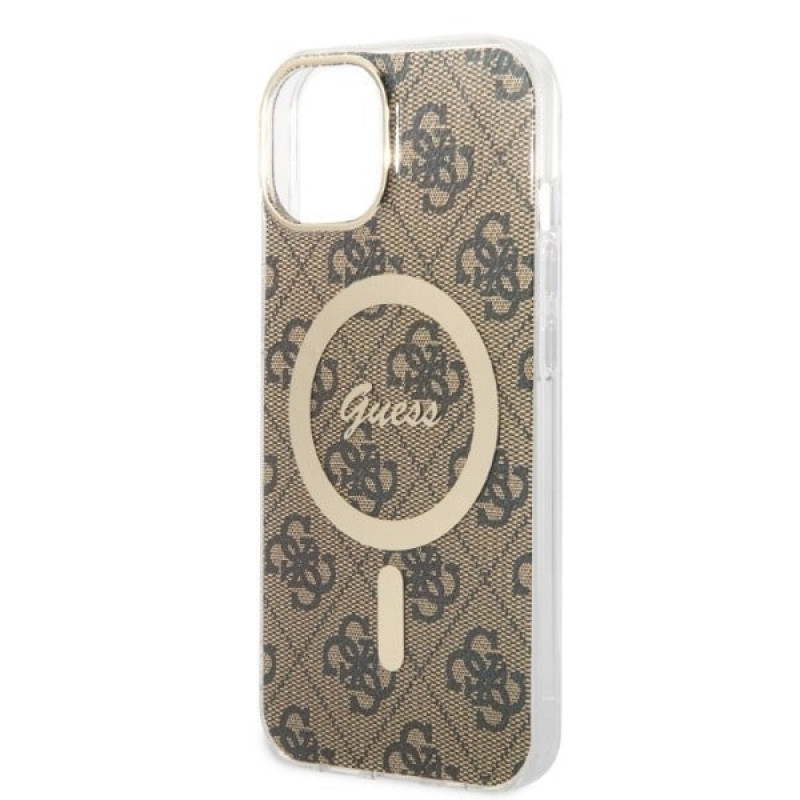 Guess GUBPP14MH4EACSW Puzdro + bezdrôtová nabíjačka Apple iPhone 14 Plus / iPhone 15 Plus hnedý hardcase, 4G Print, MagSafe