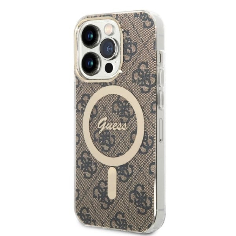 Guess GUBPP14XH4EACSW Puzdro + bezdrôtová nabíjačka Apple iPhone 14 Pro Max hnedý hardcase, 4G Print, MagSafe