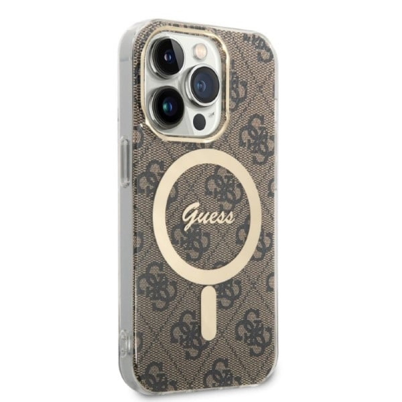 Guess GUBPP14XH4EACSW Puzdro + bezdrôtová nabíjačka Apple iPhone 14 Pro Max hnedý hardcase, 4G Print, MagSafe