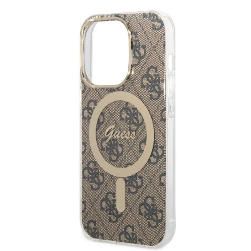 Guess GUBPP14LH4EACSW Puzdro + bezdrôtová nabíjačka Apple iPhone 14 Pro hnedé pevné puzdro, 4G Print, MagSafe