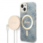 Guess GUBPP14MH4EACSB Puzdro + bezdrôtová nabíjačka Apple iPhone 14 Plus / iPhone 15 Plus modré hardcase, 4G Print, MagSafe