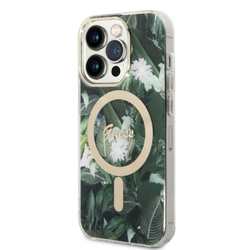 Guess GUBPP14LHJEACSA Puzdro + bezdrôtová nabíjačka Apple iPhone 14 Pro zelený hardcase, Jungle, MagSafe