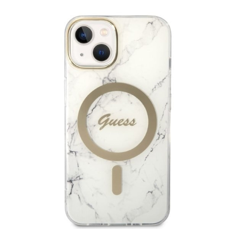Guess GUBPP14MHMEACSH Puzdro + bezdrôtová nabíjačka Apple iPhone 14 Plus / iPhone 15 Plus biele, hardcase, Marble, MagSafe
