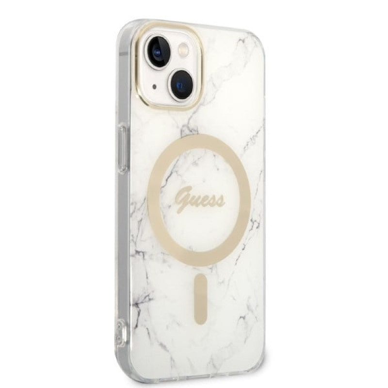Guess GUBPP14MHMEACSH Puzdro + bezdrôtová nabíjačka Apple iPhone 14 Plus / iPhone 15 Plus biele, hardcase, Marble, MagSafe