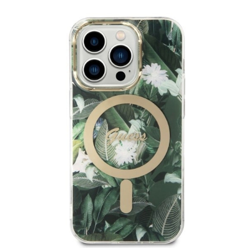 Guess GUBPP14XHJEACSA Puzdro + bezdrôtová nabíjačka pre Apple iPhone 14 Pro Max, Jungle, zelené pevné puzdro, MagSafe