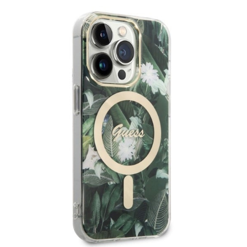 Guess GUBPP14XHJEACSA Puzdro + bezdrôtová nabíjačka pre Apple iPhone 14 Pro Max, Jungle, zelené pevné puzdro, MagSafe