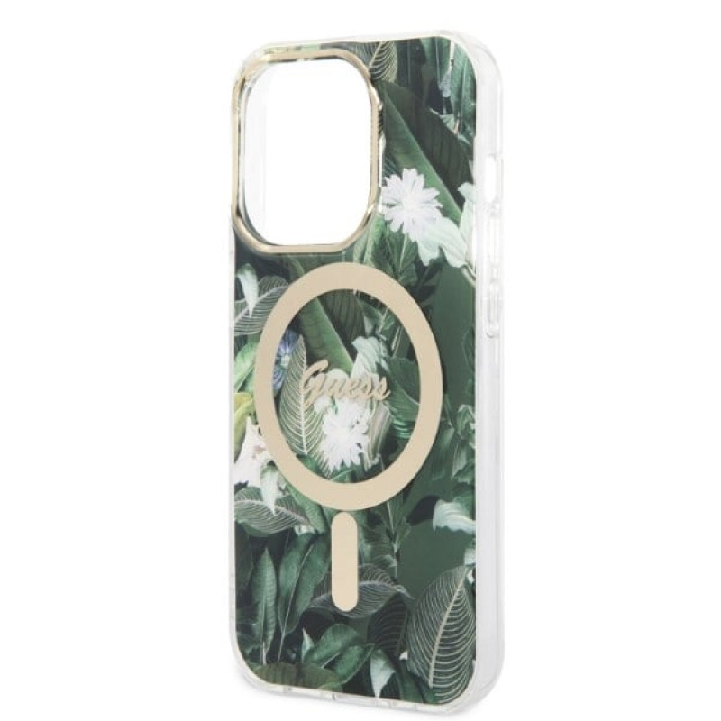 Guess GUBPP14XHJEACSA Puzdro + bezdrôtová nabíjačka pre Apple iPhone 14 Pro Max, Jungle, zelené pevné puzdro, MagSafe