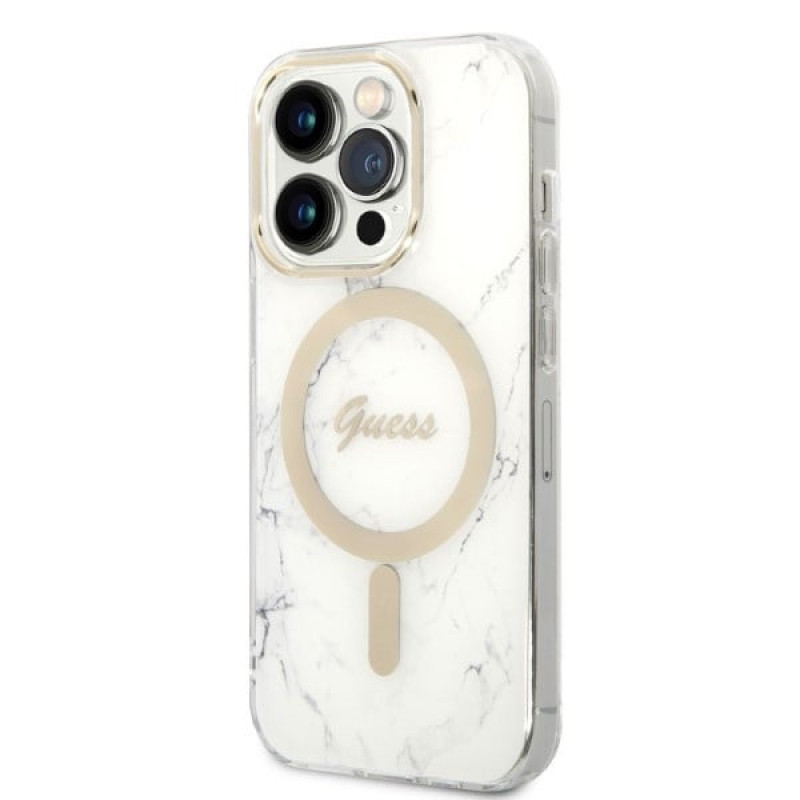 Guess GUBPP14LHMEACSH Puzdro + bezdrôtová nabíjačka Apple iPhone 14 Pro biele hardcase, Marble, MagSafe