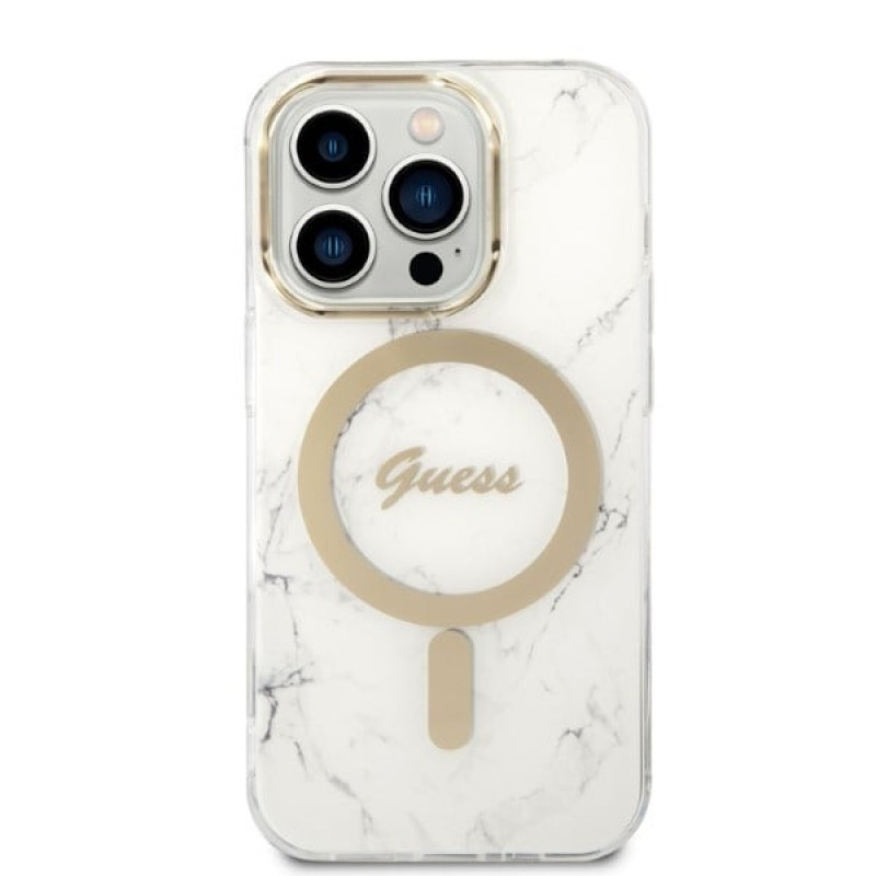 Guess GUBPP14LHMEACSH Puzdro + bezdrôtová nabíjačka Apple iPhone 14 Pro biele hardcase, Marble, MagSafe