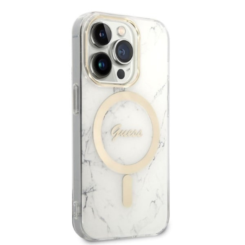 Guess GUBPP14LHMEACSH Puzdro + bezdrôtová nabíjačka Apple iPhone 14 Pro biele hardcase, Marble, MagSafe