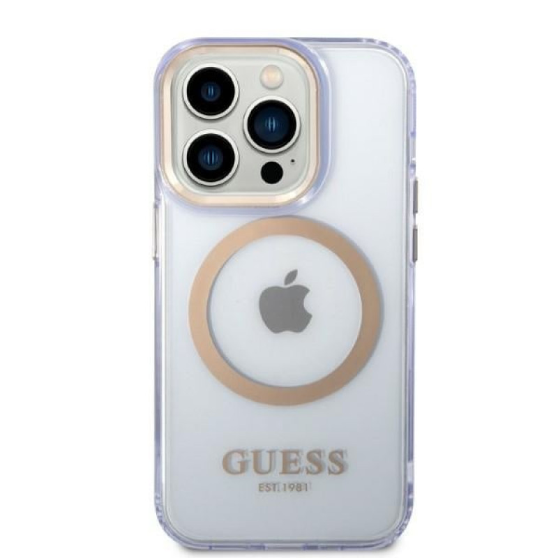 Guess GUHMP14XHTCMU Apple iPhone 14 Pro Max fialové pevné puzdro, Gold Outline Translucent, MagSafe
