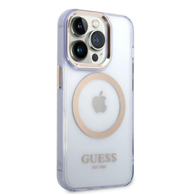 Guess GUHMP14XHTCMU Apple iPhone 14 Pro Max fialové pevné puzdro, Gold Outline Translucent, MagSafe