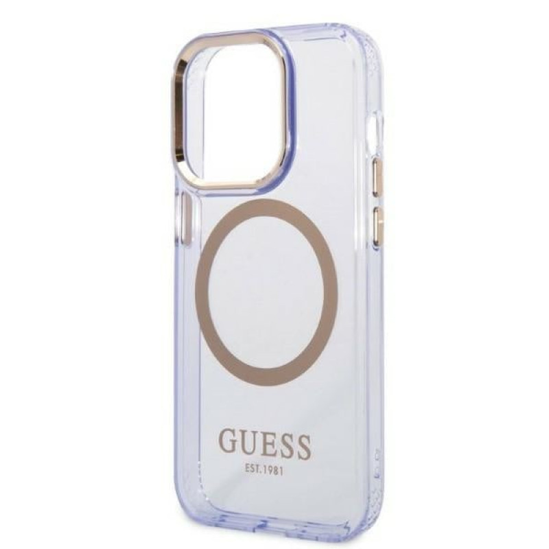 Guess GUHMP14XHTCMU Apple iPhone 14 Pro Max fialové pevné puzdro, Gold Outline Translucent, MagSafe