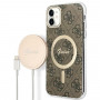 Guess GUBPN61H4EACSW Puzdro + bezdrôtová nabíjačka pre Apple iPhone 11, 4G Print, hnedé pevné puzdro, MagSafe